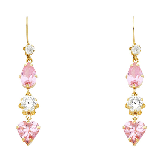 14k Yellow Gold Elegant Hanging Promise Heart Stud Teardrop Circle Earrings