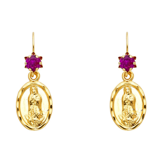 14k Yellow Gold Our Lady of Guadalupe Stud Hoop Dangling Star Earrings Ruby CZ