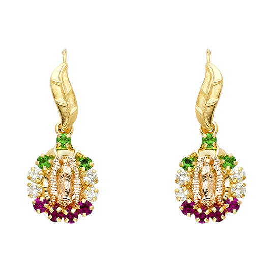 14k Yellow Gold Ornate Our Lady of Guadalupe Earrings Ruby & Clear & Emerald CZ