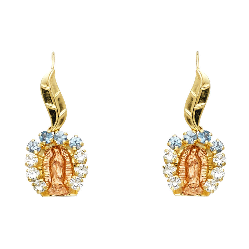 14k Yellow Gold Virgin Mary Catholic Religious Earrings Aquamarine & Clear CZ
