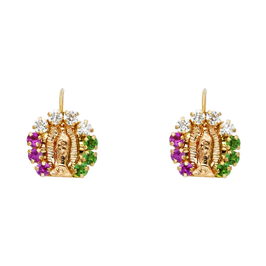 14k Yellow Gold Our Lady of Guadalupe Stud Studded Ornate Detail Earrings