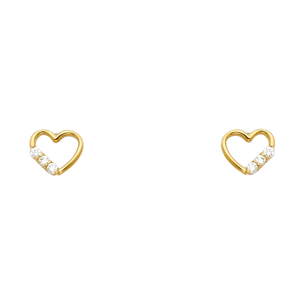 14k Yellow Gold Studded Promise Heart Stud Outline Elegant Love Earrings