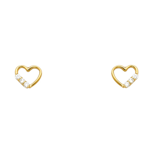 14k Yellow Gold Studded Promise Heart Stud Outline Elegant Love Earrings
