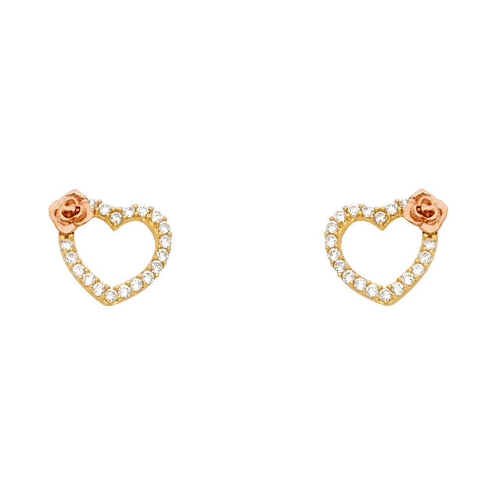 14k Yellow Gold Studded Promise Heart Stud Rose Elegant Outline Earrings