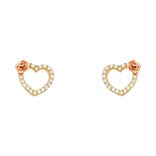 14k Yellow Gold Studded Promise Heart Stud Rose Elegant Outline Earrings