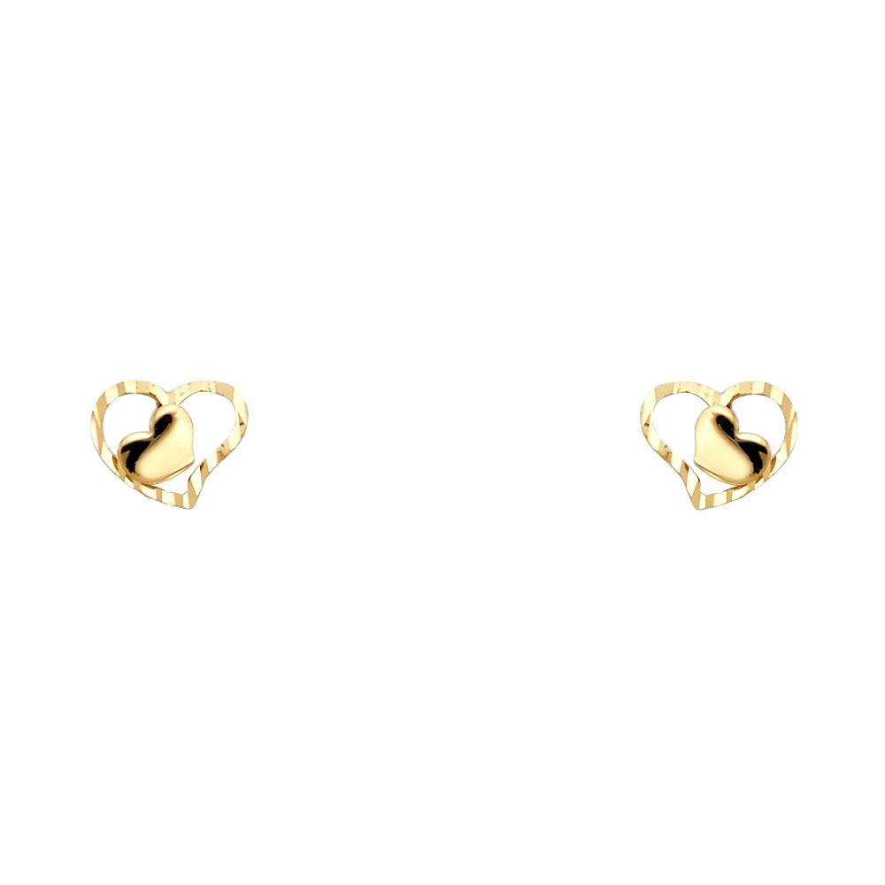 14k Yellow Gold Cute Ridged Heart Stud Double Shape Love Promise Open Earrings