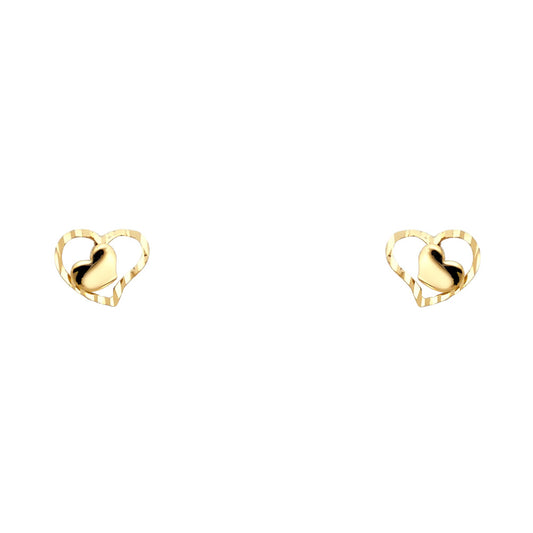 14k Yellow Gold Cute Ridged Heart Stud Double Shape Love Promise Open Earrings