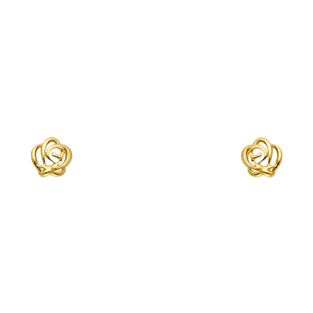 14k Yellow Gold Filigree Swirl Rose Stud Spiral Flower Garden Cutout Earrings