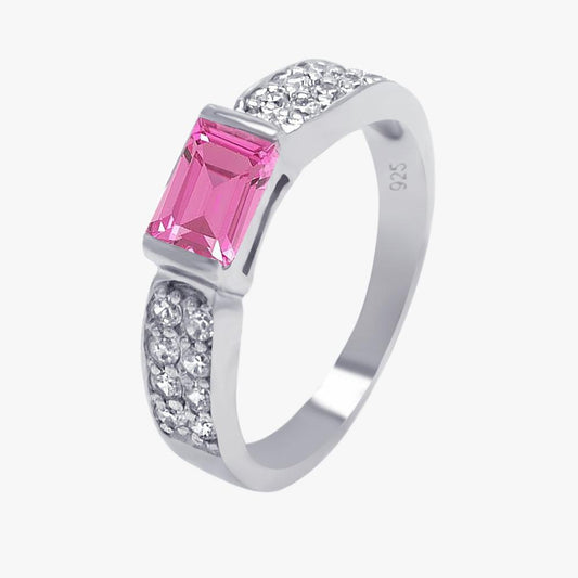 Sterling Silver 925 Rhodium Plated Pink Rectangular Pave CZ Ring Band Sizes 5-9