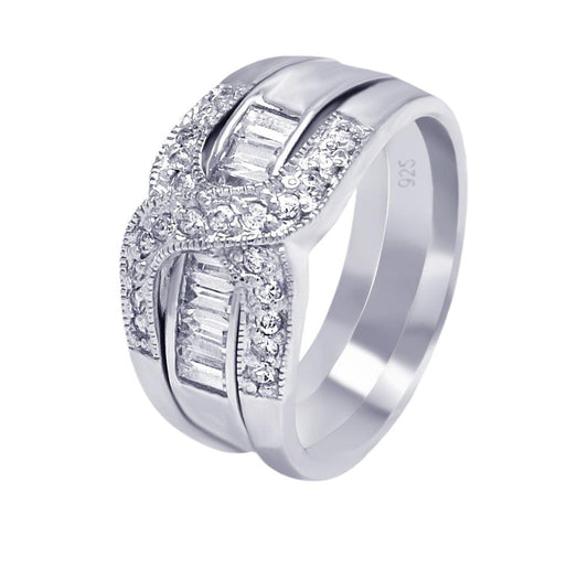 Sterling Silver 925 Rhodium Plated Clear Baguette CZ Overlap Ring Band Sizes 5-9