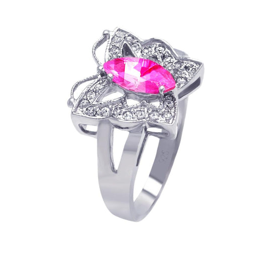 Sterling Silver 925 Rhodium Plated Pink Marquise CZ Butterfly Ring Sizes 5-9