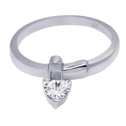 Sterling Silver 925 Rhodium Plated CZ Dangling Heart Charm Ring Band Sizes 5-9