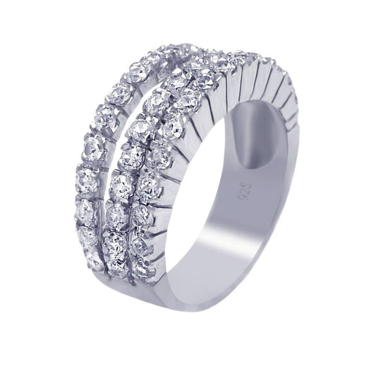 Sterling Silver 925 Rhodium Plated 3 Row Clear CZ Ring Band Sizes 5-9