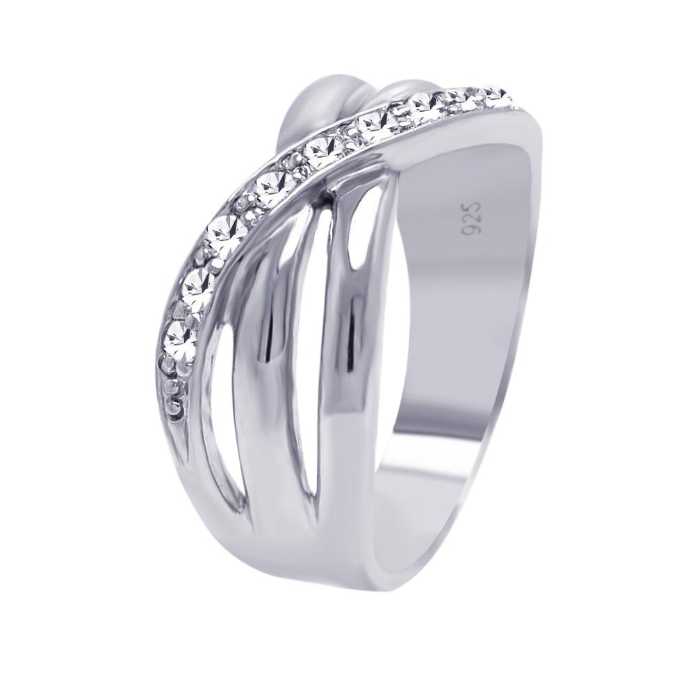 Sterling Silver 925 Rhodium Plated Clear CZ Overlap Ring Band Sizes 5-9