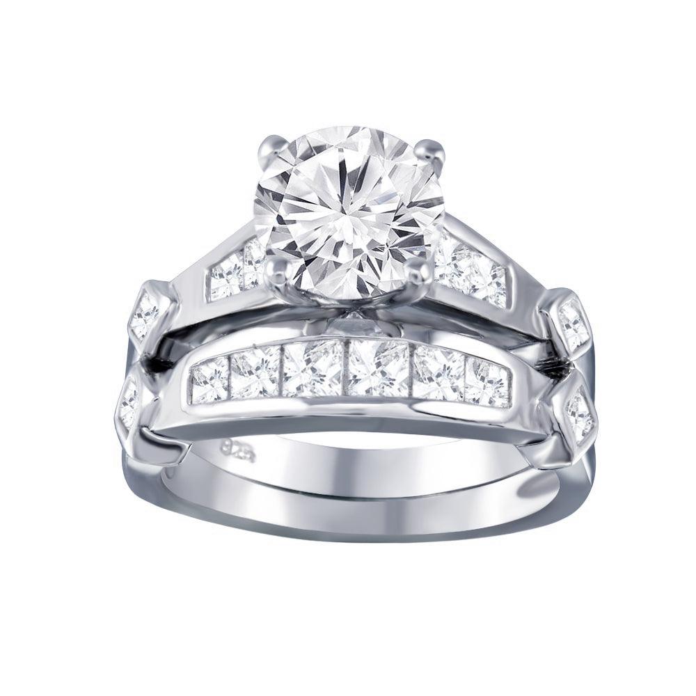 Sterling Silver 925 Rhodium Plated Clear CZ Bridal Wedding Ring Set Sizes 5-10