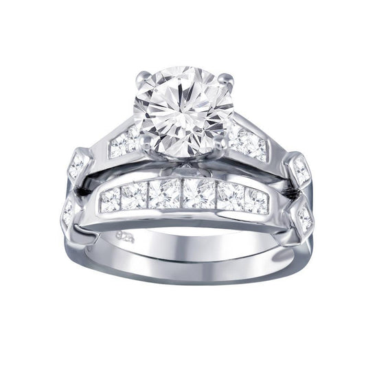 Sterling Silver 925 Rhodium Plated Clear CZ Bridal Wedding Ring Set Sizes 5-10