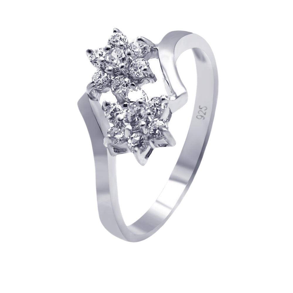 Sterling Silver 925 Rhodium Plated CZ Double Flower Ring Band Sizes 5-9