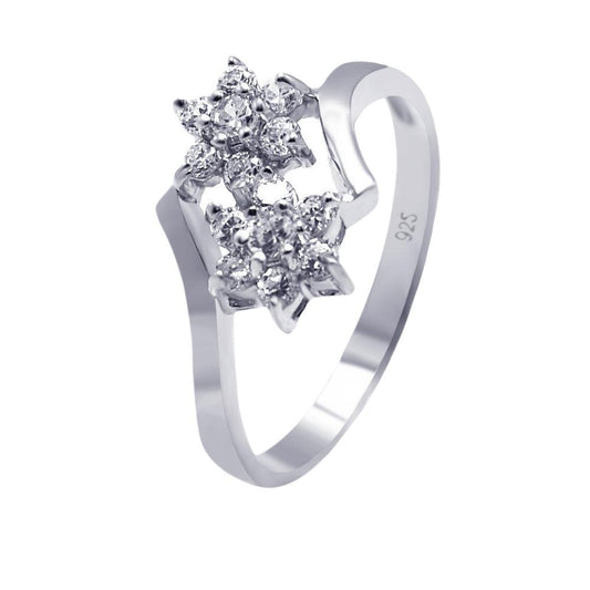 Sterling Silver 925 Rhodium Plated CZ Double Flower Ring Band Sizes 5-9