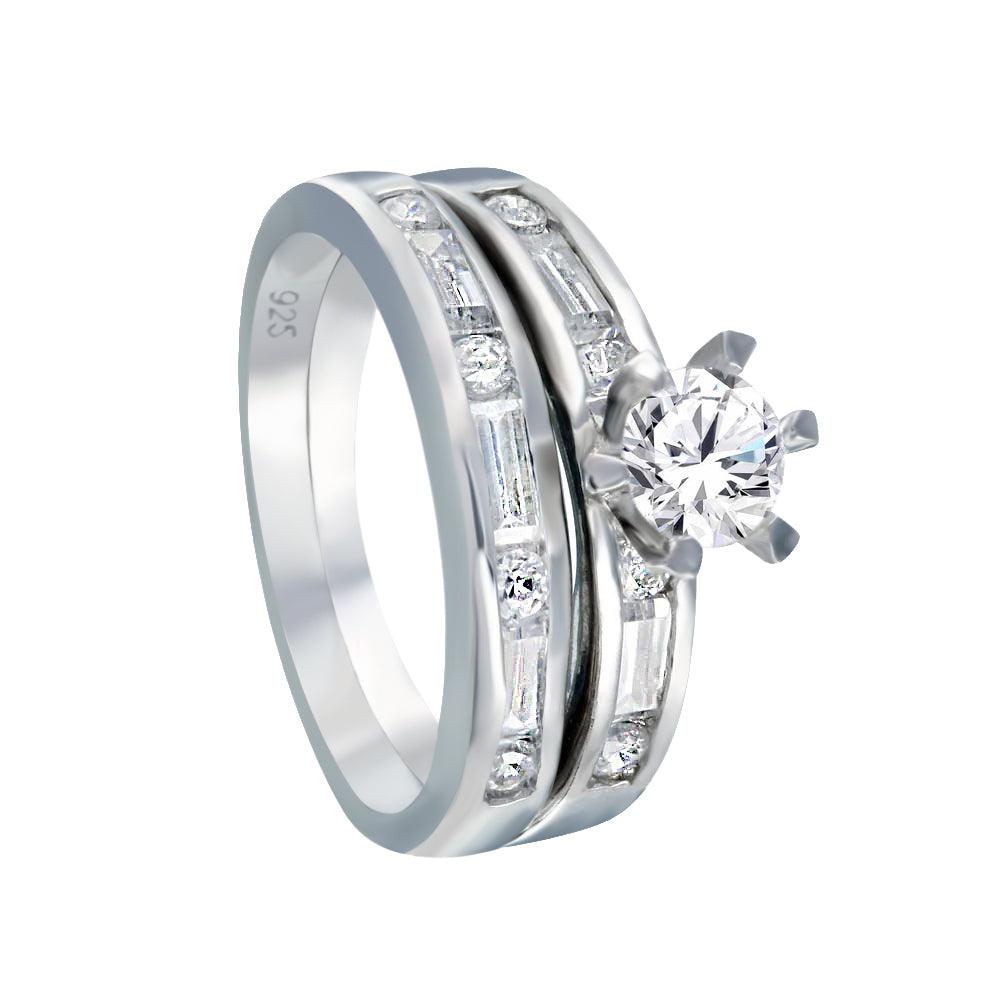 Sterling Silver 925 Rhodium Plated Clear CZ Engagement Bridal Ring Set Sizes 5-9
