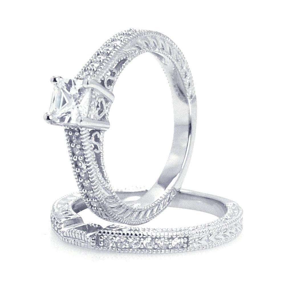 Sterling Silver 925 Rhodium Plated Princess Cut CZ Engagement Ring Set Sizes 5-9