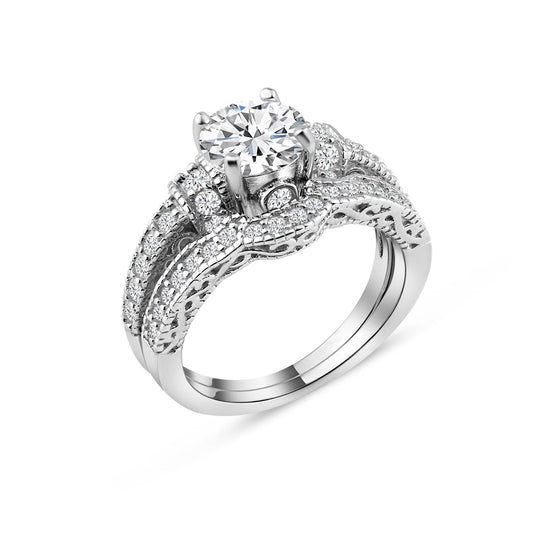 Sterling Silver 925 Rhodium Plated Pave Clear CZ Engagement Ring Set Sizes 5-9