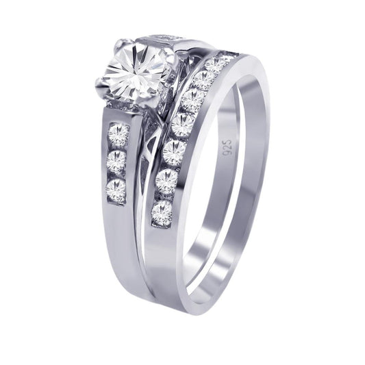 Sterling Silver 925 Rhodium Plated CZ Bridal Engagement Ring Set Sizes 5-9