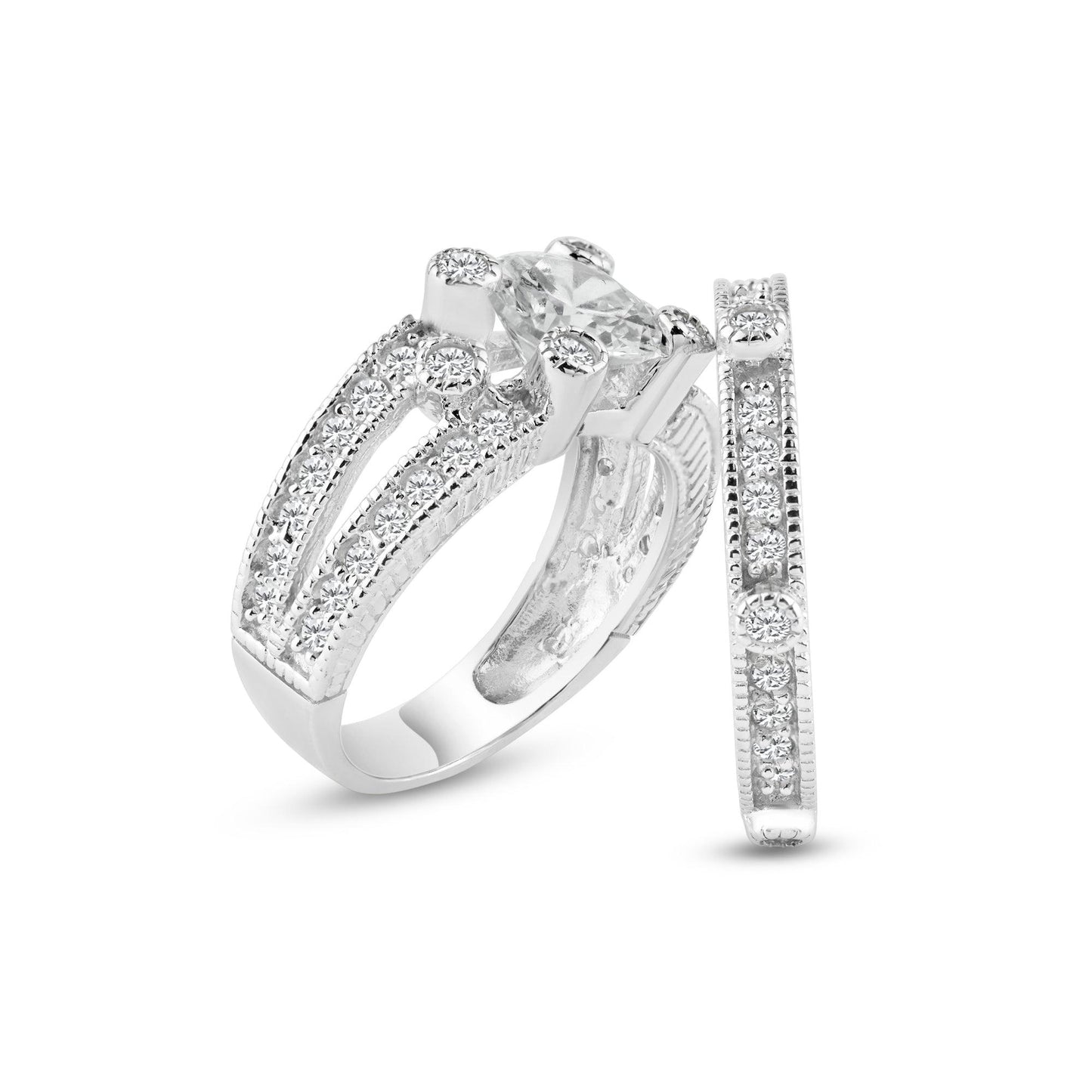 Sterling Silver 925 Rhodium Plated Pave CZ Ornate Wedding Ring Set Sizes 5-9