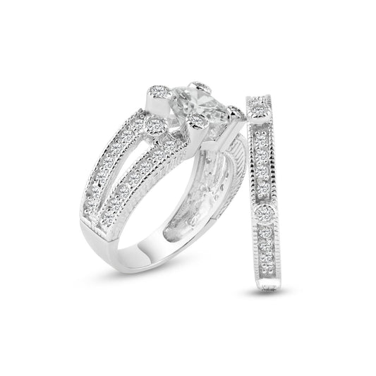 Sterling Silver 925 Rhodium Plated Pave CZ Ornate Wedding Ring Set Sizes 5-9