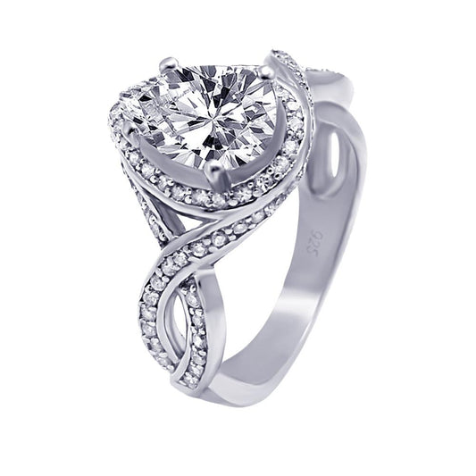 Sterling Silver 925 Rhodium Plated Pave Pear Center CZ Ring Band Sizes 5-9