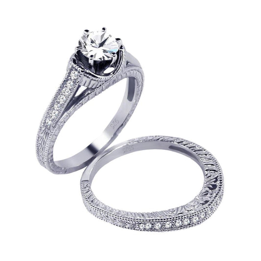 Sterling Silver 925 Rhodium Plated Pave Clear CZ Engagement Ring Set Sizes 5-9