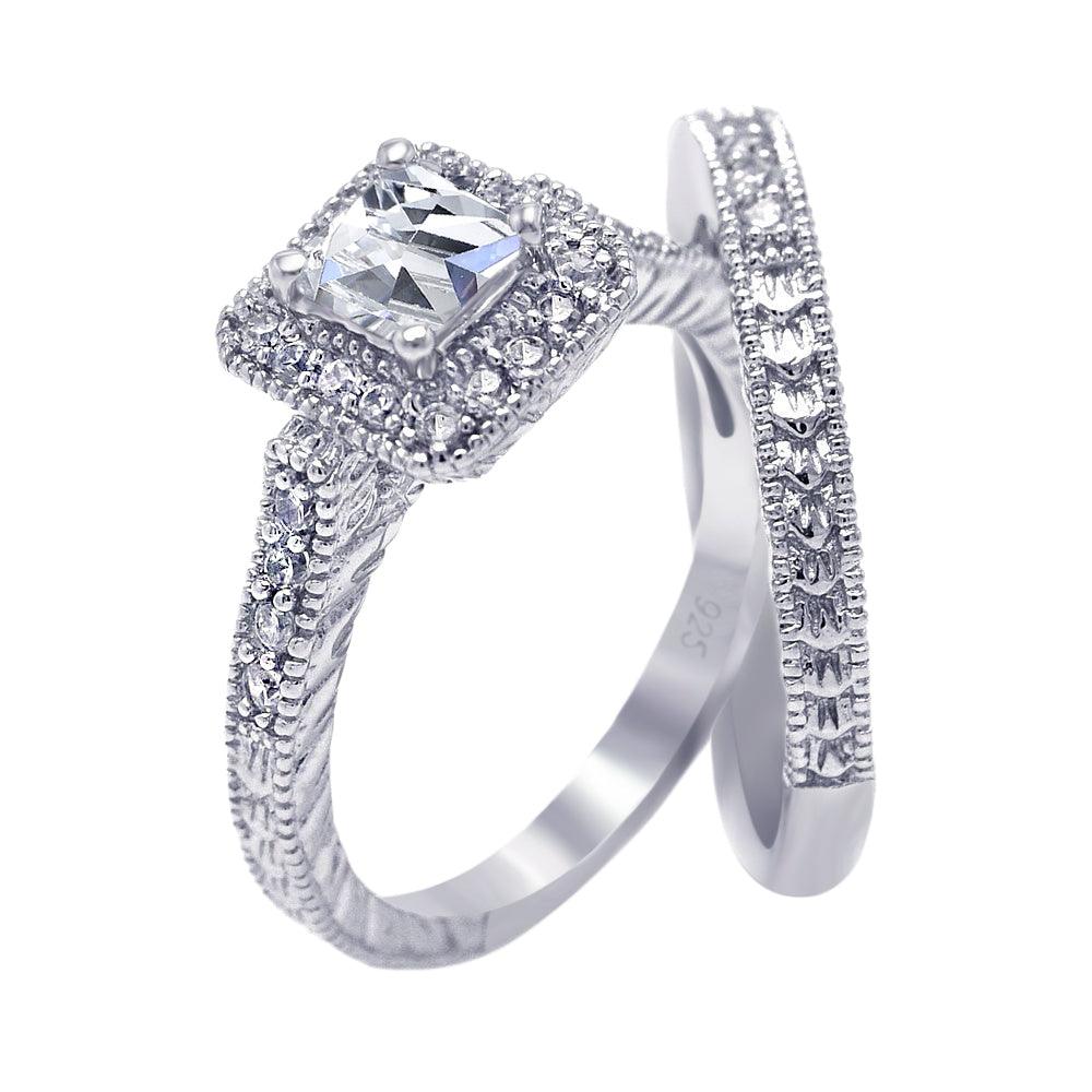 Sterling Silver 925 Rhodium Plated Clear Square CZ Engagement Ring Set Sizes 5-9