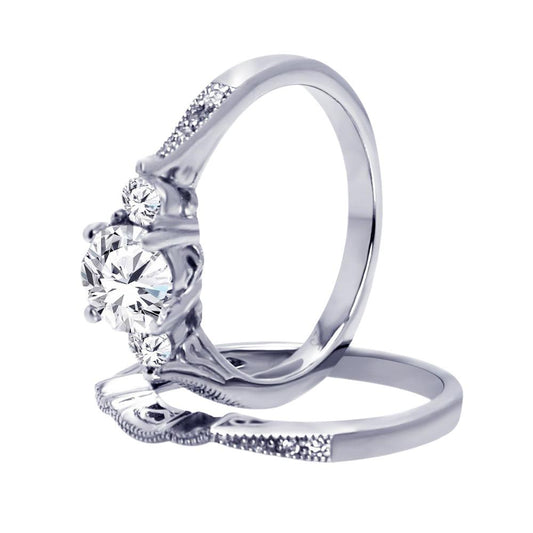 Sterling Silver 925 Rhodium Plated CZ Bridal Engagement Ring Band Set Sizes 5-9