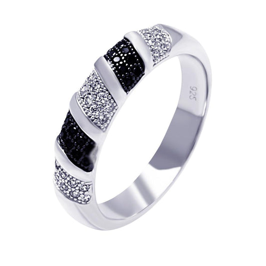 Sterling Silver 925 Black Rhodium Plated Black White CZ Stripe Ring Sizes 5-9