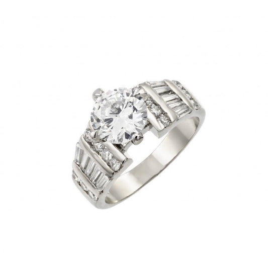 Sterling Silver 925 Rhodium Plated Round Solitaire Baguette Ring CZ Sizes 5-9
