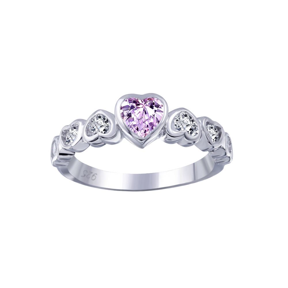 Sterling Silver 925 Rhodium Plated Pink Bezel Center CZ Heart Ring Sizes 5-9