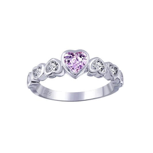 Sterling Silver 925 Rhodium Plated Pink Bezel Center CZ Heart Ring Sizes 5-9