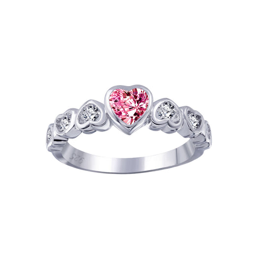 Sterling Silver 925 Rhodium Plated Promise Red Center CZ Heart Ring Sizes 5-9