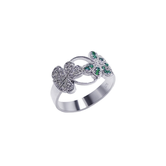 Sterling Silver 925 Rhodium Plated Green Clear CZ Flower Clover Ring Sizes 5-9