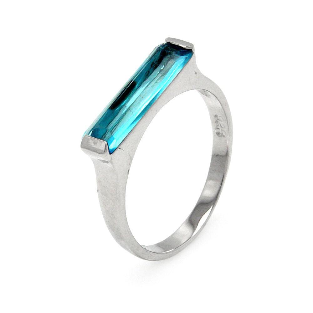 Sterling Silver 925 Rhodium Plated Long Wide Big Line Blue CZ Bar Ring Sizes 5-9