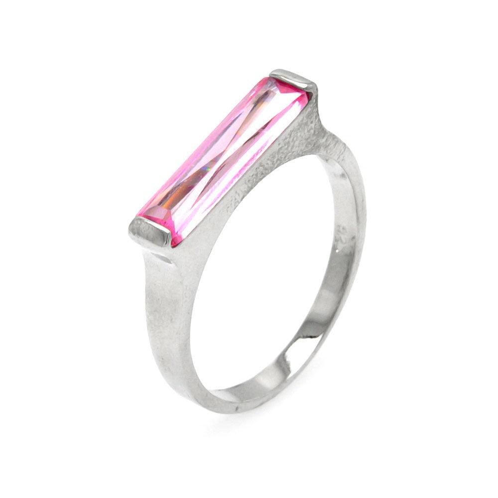 Sterling Silver 925 Rhodium Plated Long Bar Wide Love Pink CZ Bar Ring Sizes 5-9