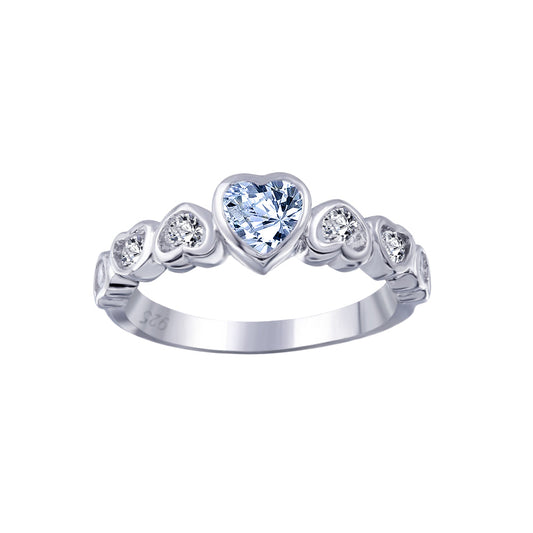 Sterling Silver Rhodium Plated Blue Center CZ Heart Love Promise Ring Sizes 5-5