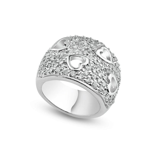 Sterling Silver 925 Rhodium Plated Clear Wide Love CZ Heart Dome Ring Sizes 5-9