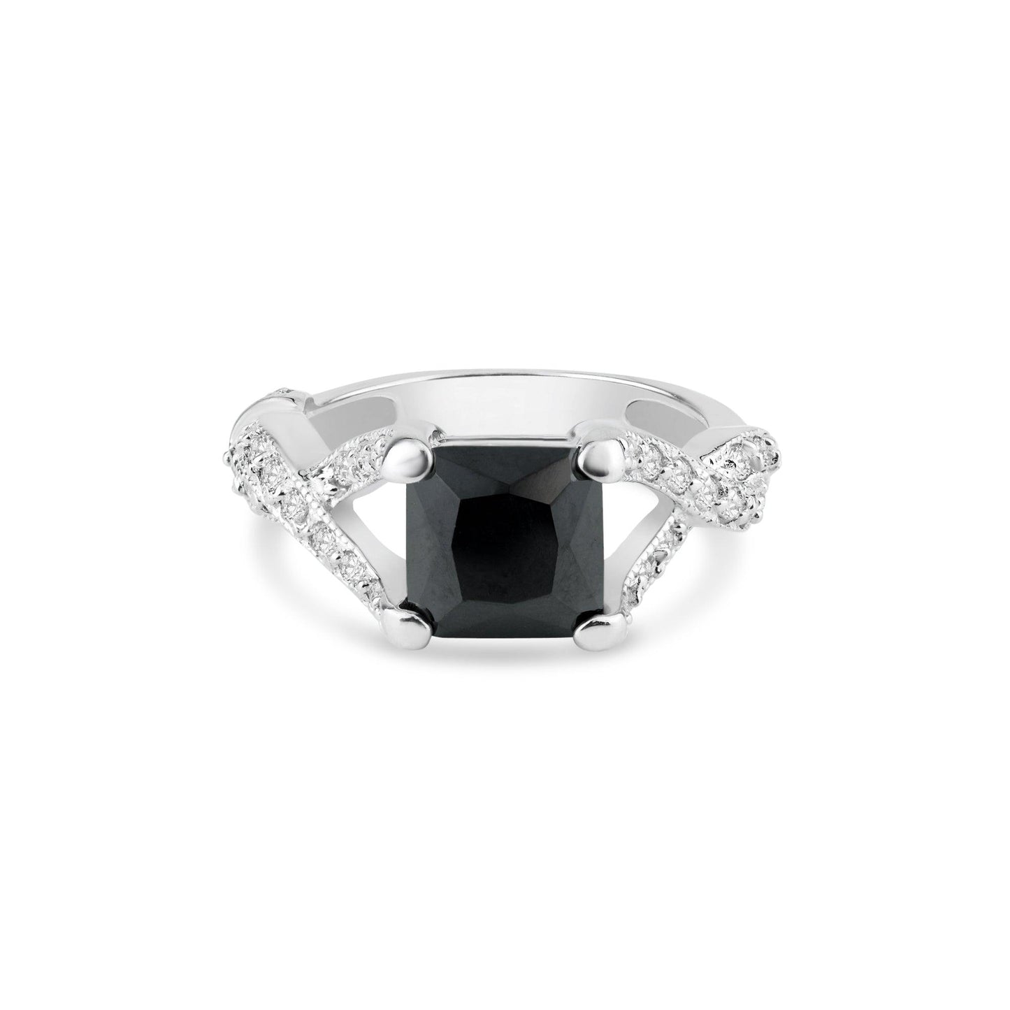 Sterling Silver 925 Rhodium Plated Black Square Center Clear CZ Ring Sizes 5-9