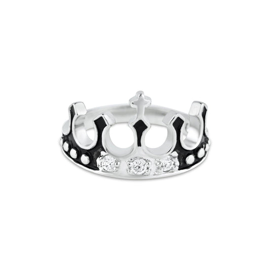 Sterling Silver 925 Rhodium Plated Black Enamel White CZ Crown Ring Sizes 5-9
