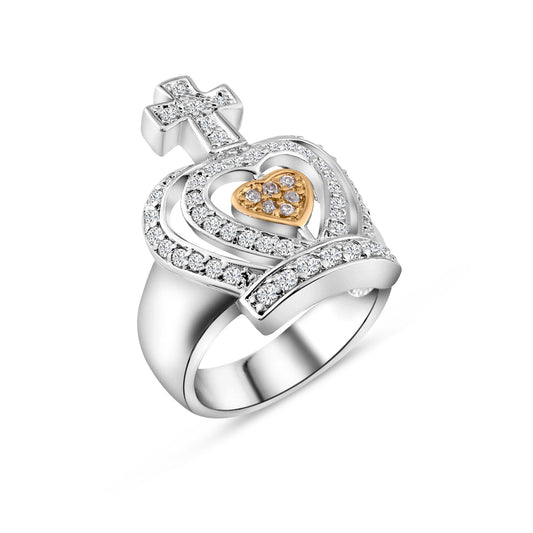 Sterling Silver 925 Rhodium Plated Heart Center Clear CZ Crown Ring Sizes 5-9