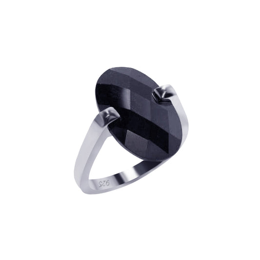 Sterling Silver 925 Rhodium Plated Wide Unique Cut Black Oval CZ Ring Sizes 5-9