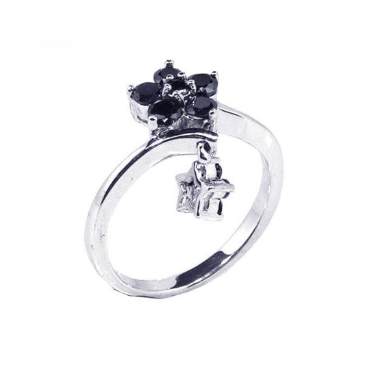 Sterling Silver 925 Rhodium Plated Black CZ Dangling Flower Ring Band Sizes 5-9