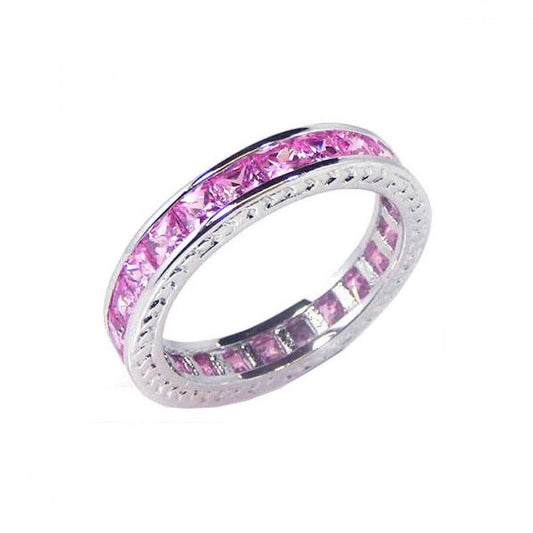 Sterling Silver 925 Rhodium Plated Channel Set Pink CZ Eternity Ring Sizes 5-9