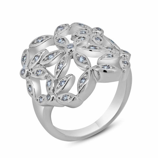 Sterling Silver 925 Rhodium Plated Clear CZ Womens Band Flower Ring Sizes 5-9