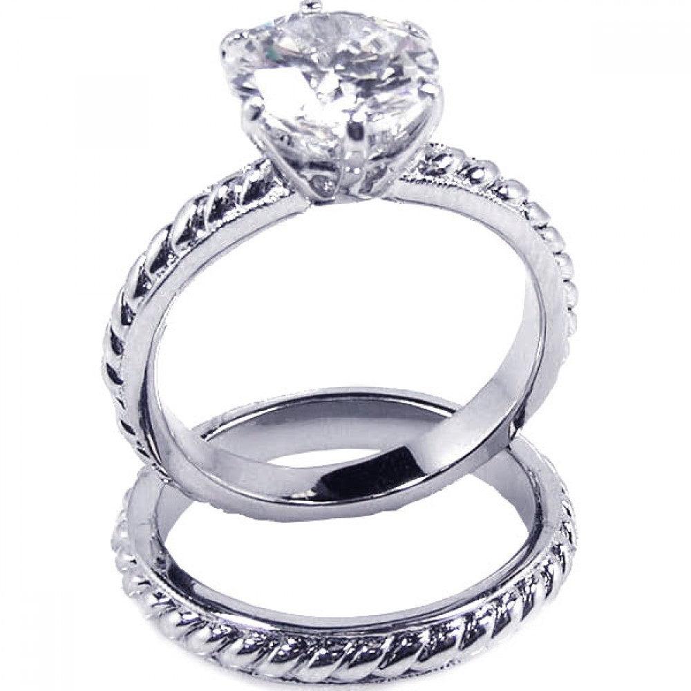 Sterling Silver 925 Rhodium Plated Clear Solitaire CZ Rope Ring Set Sizes 5-9